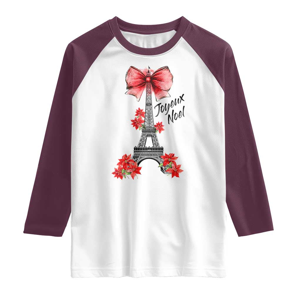 Joyeux Noel Eiffel Tower Raglan Shirt Christmas In French Coquette Bow - Wonder Print Shop