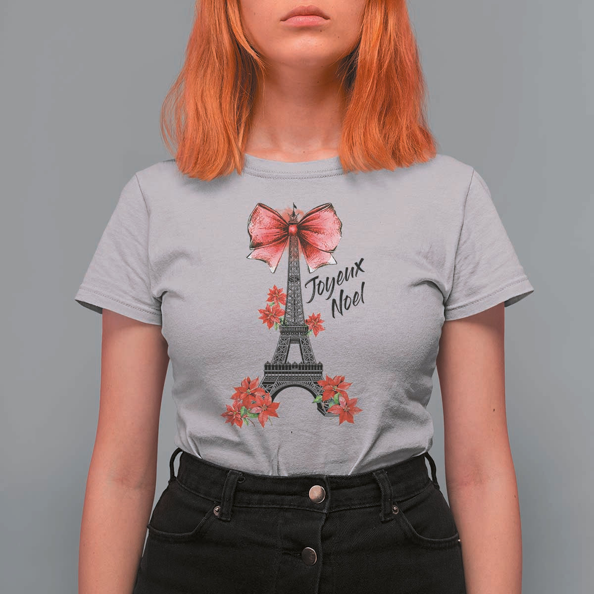 Joyeux Noel Eiffel Tower T Shirt For Women Christmas In French Coquette Bow - Wonder Print Shop