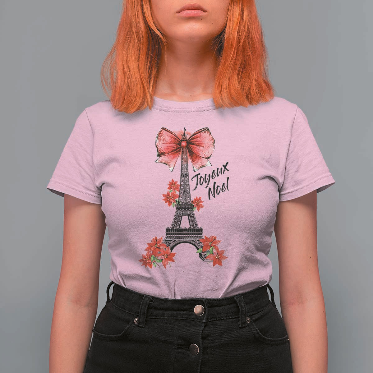 Joyeux Noel Eiffel Tower T Shirt For Women Christmas In French Coquette Bow - Wonder Print Shop