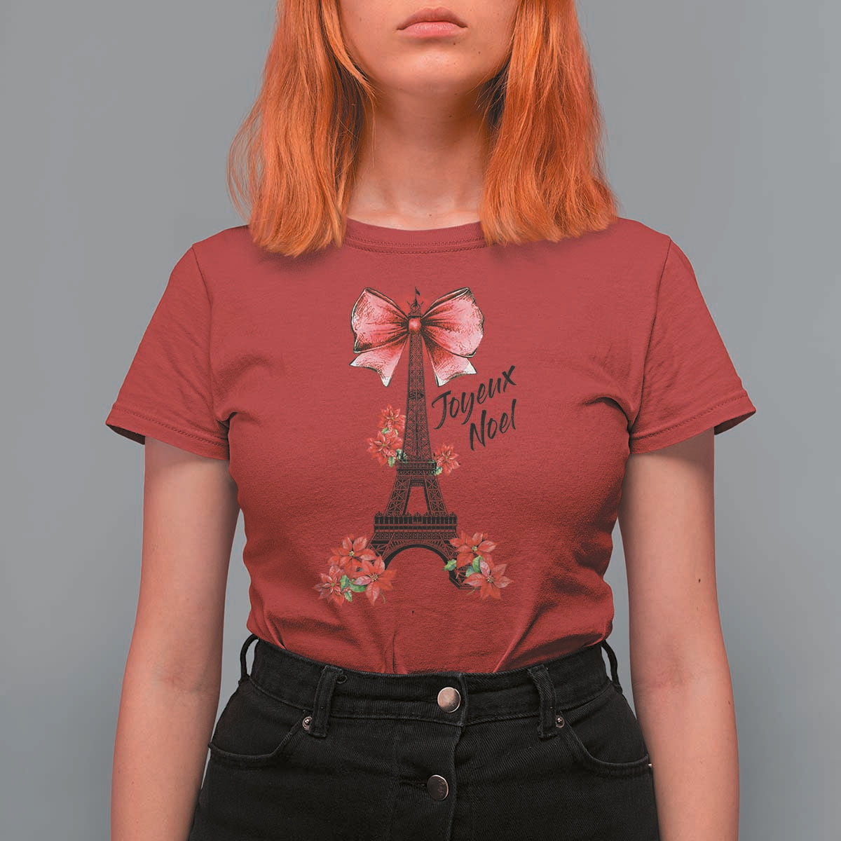Joyeux Noel Eiffel Tower T Shirt For Women Christmas In French Coquette Bow - Wonder Print Shop