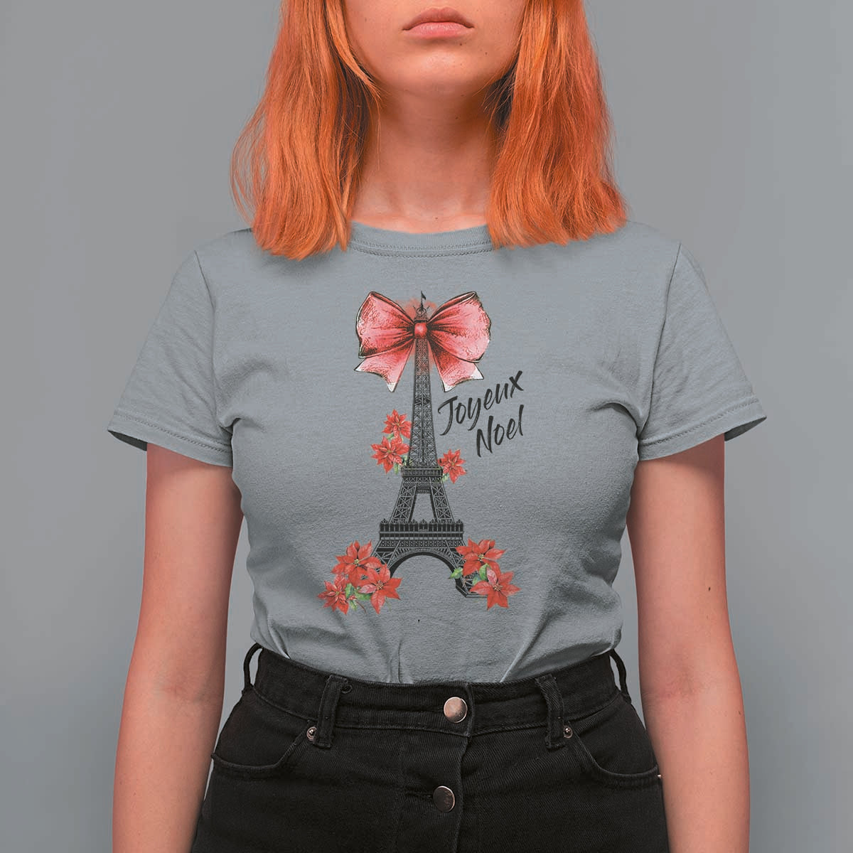 Joyeux Noel Eiffel Tower T Shirt For Women Christmas In French Coquette Bow - Wonder Print Shop