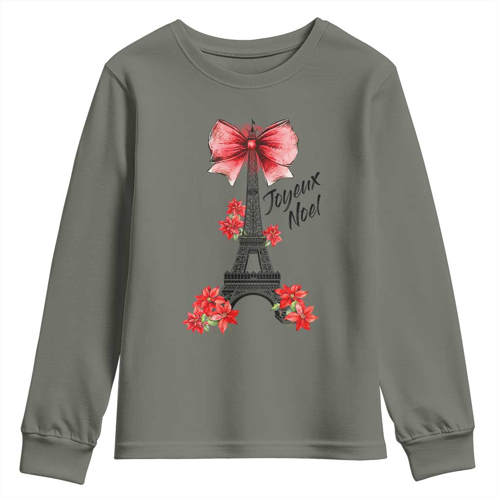 Joyeux Noel Eiffel Tower Youth Sweatshirt Christmas In French Coquette Bow - Wonder Print Shop
