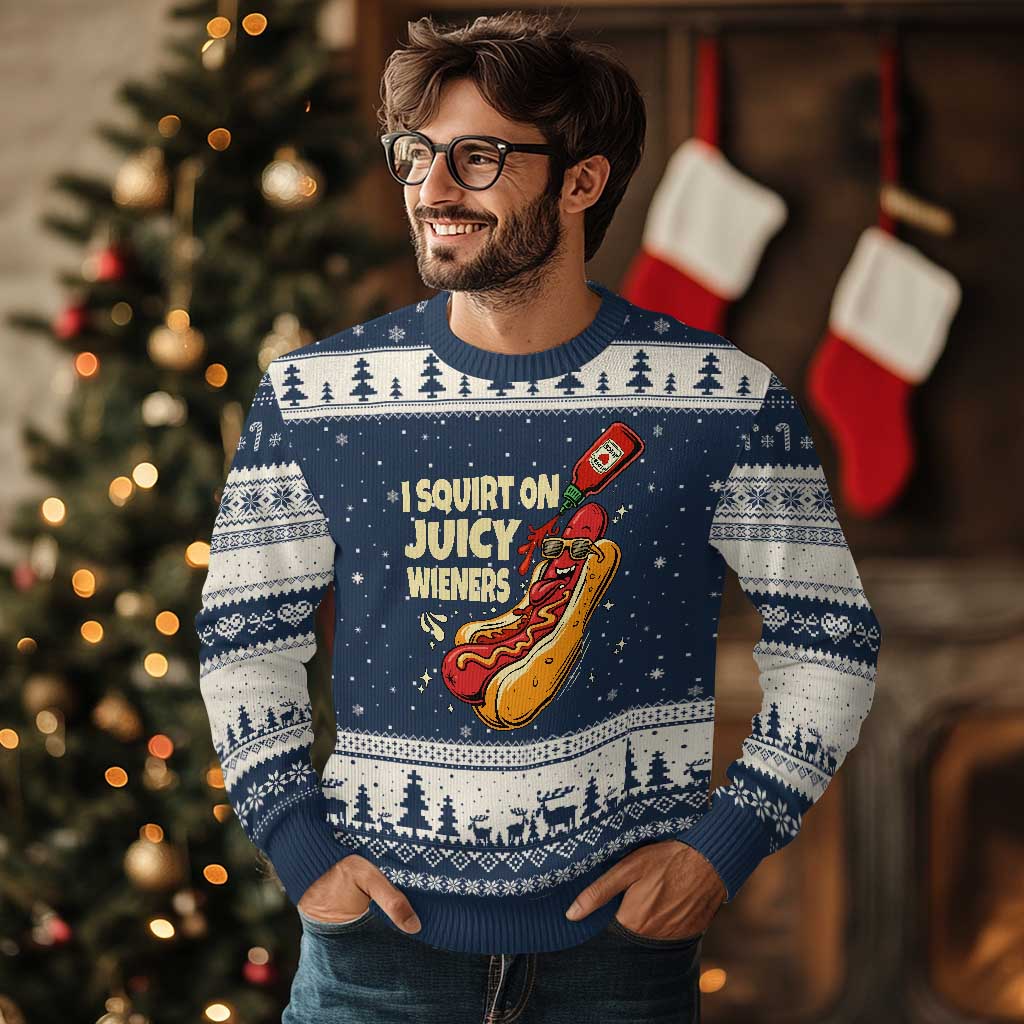 Funny I Squirt On Juicy Wieners Ugly Christmas Sweater Inappropriate Dirty Adult Humor Hot Dog Joke - Wonder Print Shop