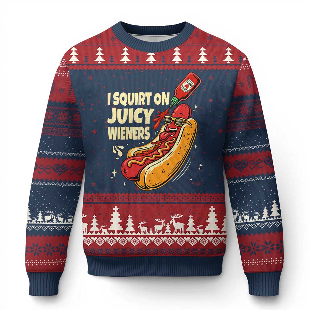 Funny I Squirt On Juicy Wieners Ugly Christmas Sweater Inappropriate Dirty Adult Humor Hot Dog Joke - Wonder Print Shop