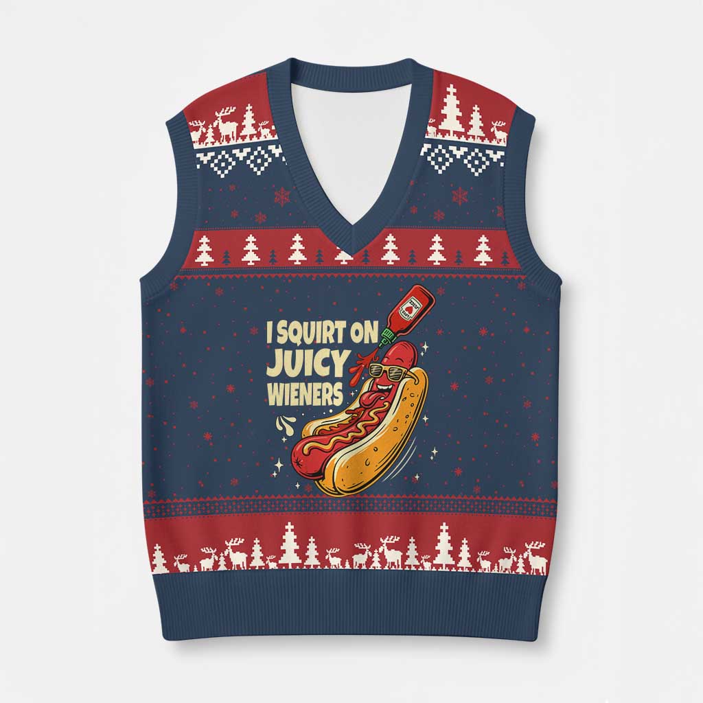 Funny I Squirt On Juicy Wieners V-Neck Knit Sweater Vest Inappropriate Dirty Adult Humor Hot Dog Joke - Wonder Print Shop
