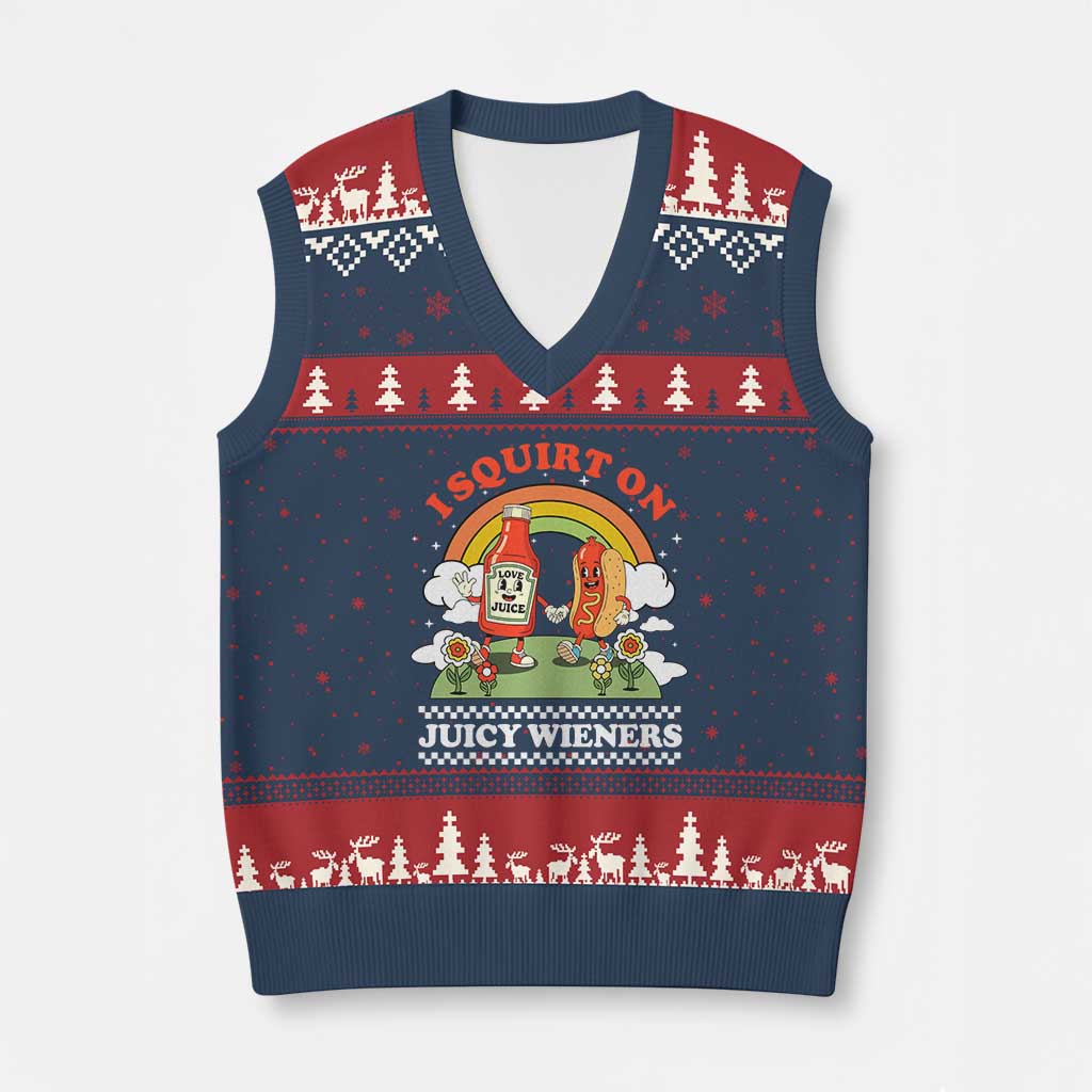 Funny I Squirt On Juicy Wieners V-Neck Knit Sweater Vest Adult Humor Dirty Gag Hot Dog Joke - Wonder Print Shop