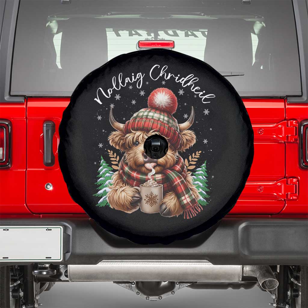 Scottish Christmas Spare Tire Cover Nollaig Chridheil Gaelic Xmas Higland Cow - Wonder Print Shop