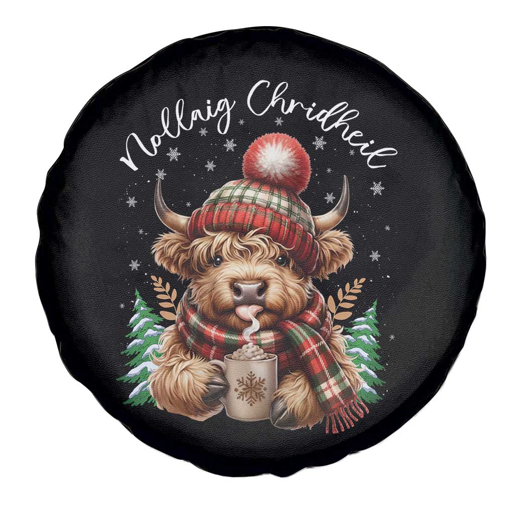 Scottish Christmas Spare Tire Cover Nollaig Chridheil Gaelic Xmas Higland Cow - Wonder Print Shop