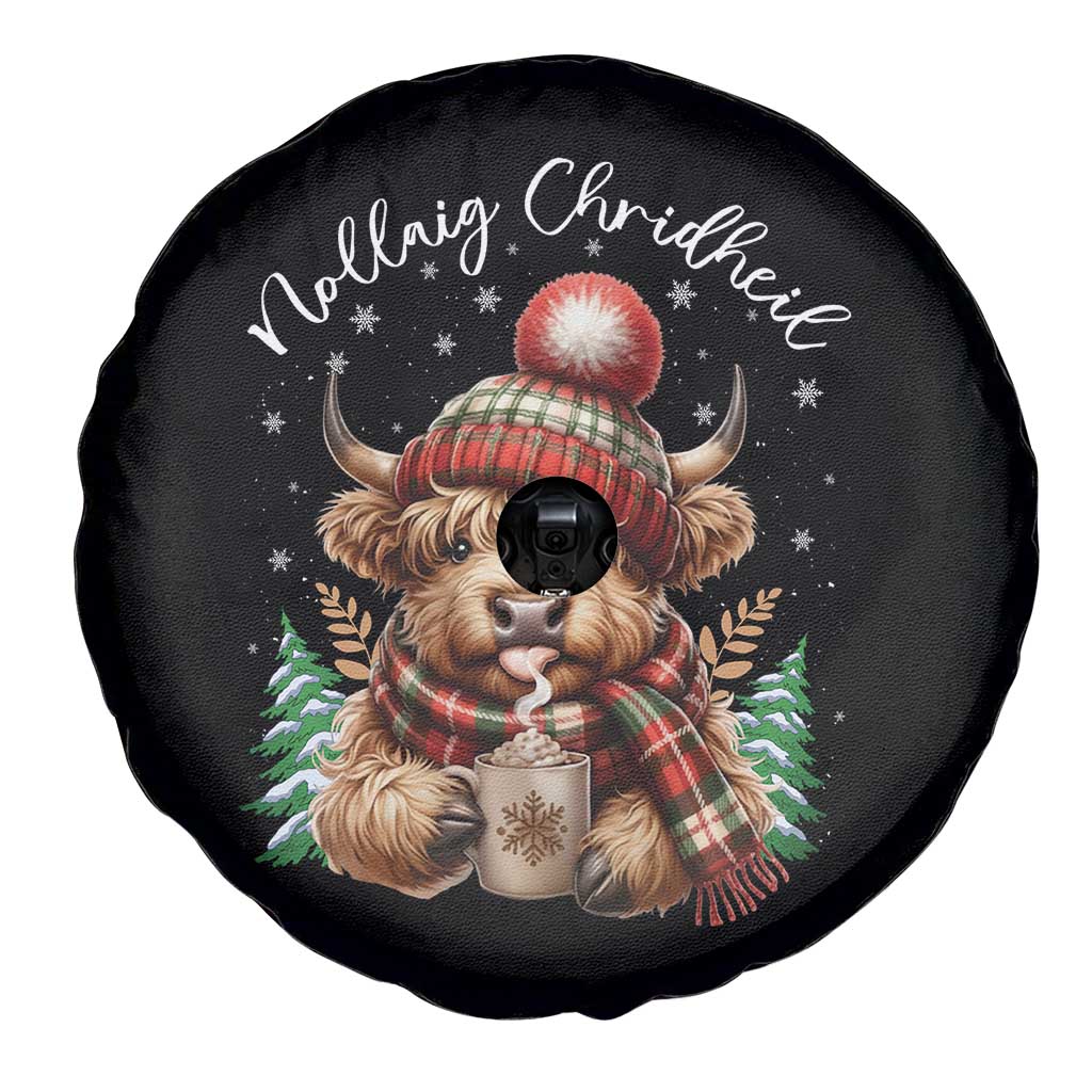 Scottish Christmas Spare Tire Cover Nollaig Chridheil Gaelic Xmas Higland Cow - Wonder Print Shop