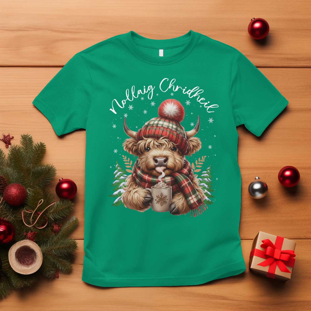 Scottish Christmas T Shirt Nollaig Chridheil Gaelic Xmas Higland Cow - Wonder Print Shop
