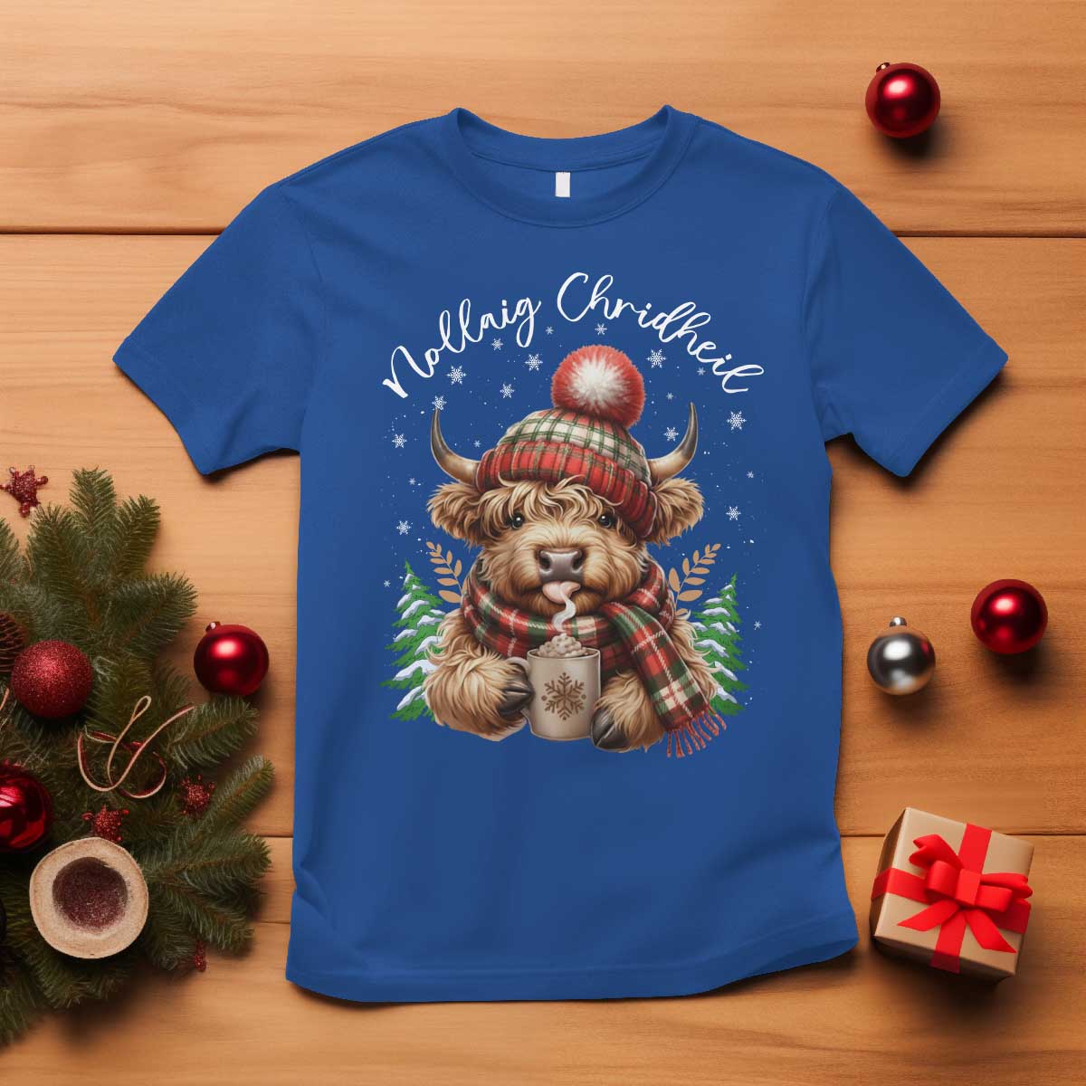 Scottish Christmas T Shirt Nollaig Chridheil Gaelic Xmas Higland Cow - Wonder Print Shop