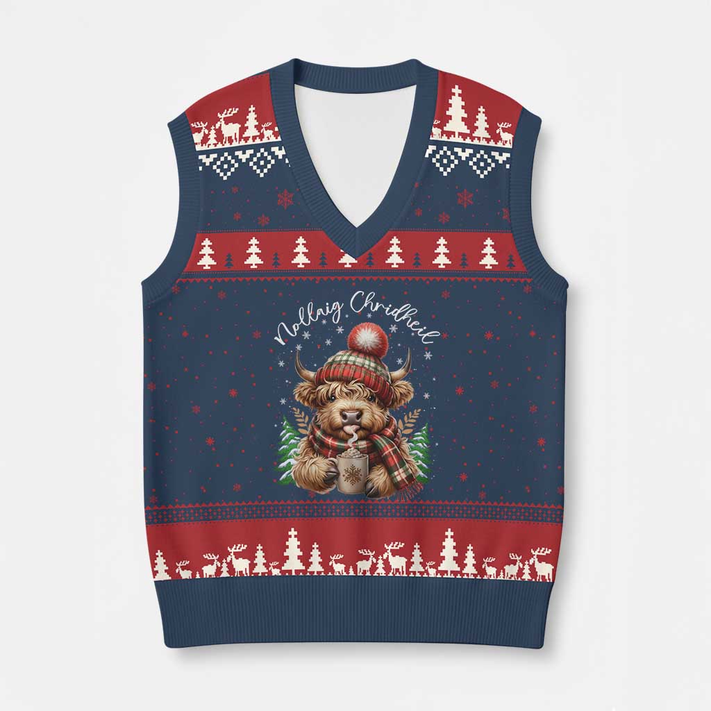 Scottish Xmas V-Neck Knit Sweater Vest Nollaig Chridheil Gaelic Xmas Higland Cow - Wonder Print Shop