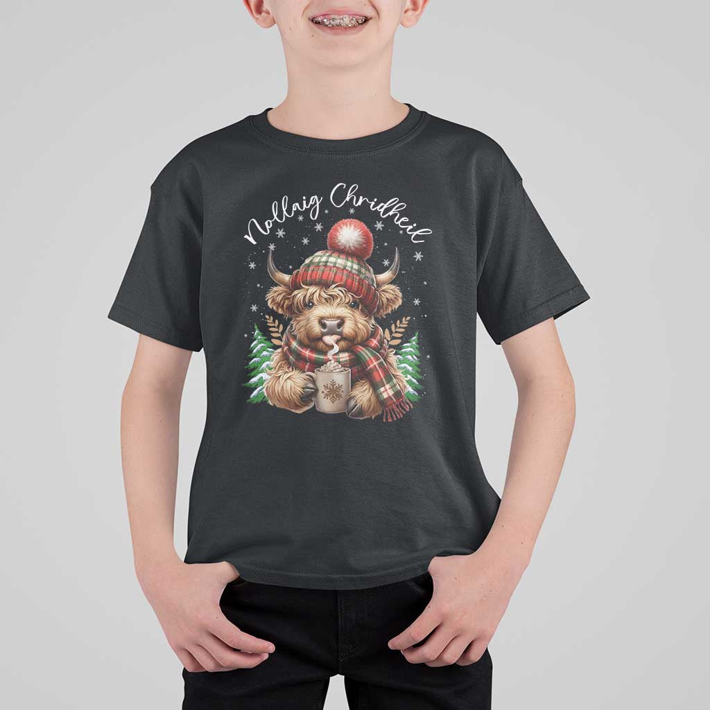 Scottish Christmas T Shirt For Kid Nollaig Chridheil Gaelic Xmas Higland Cow - Wonder Print Shop