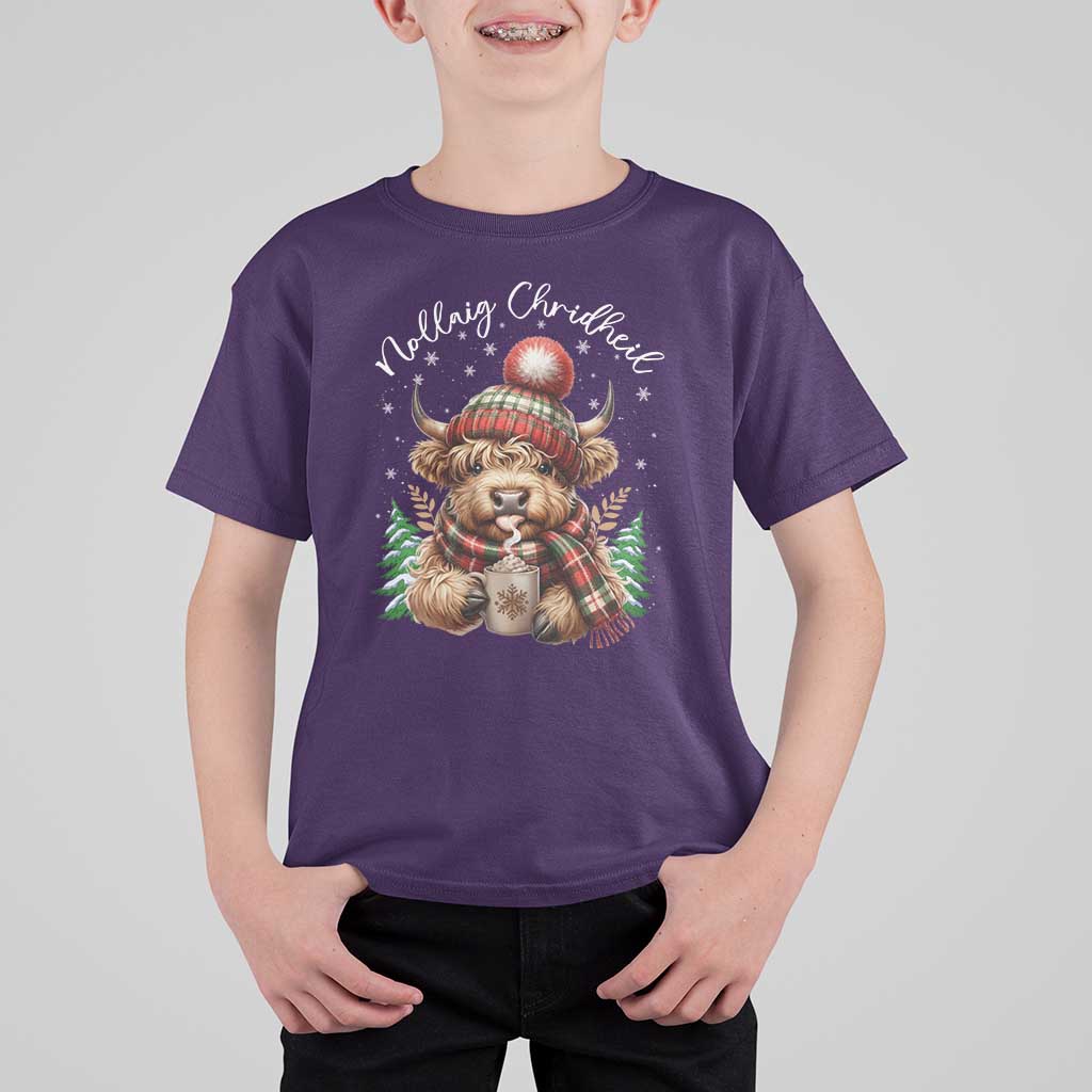 Scottish Christmas T Shirt For Kid Nollaig Chridheil Gaelic Xmas Higland Cow - Wonder Print Shop