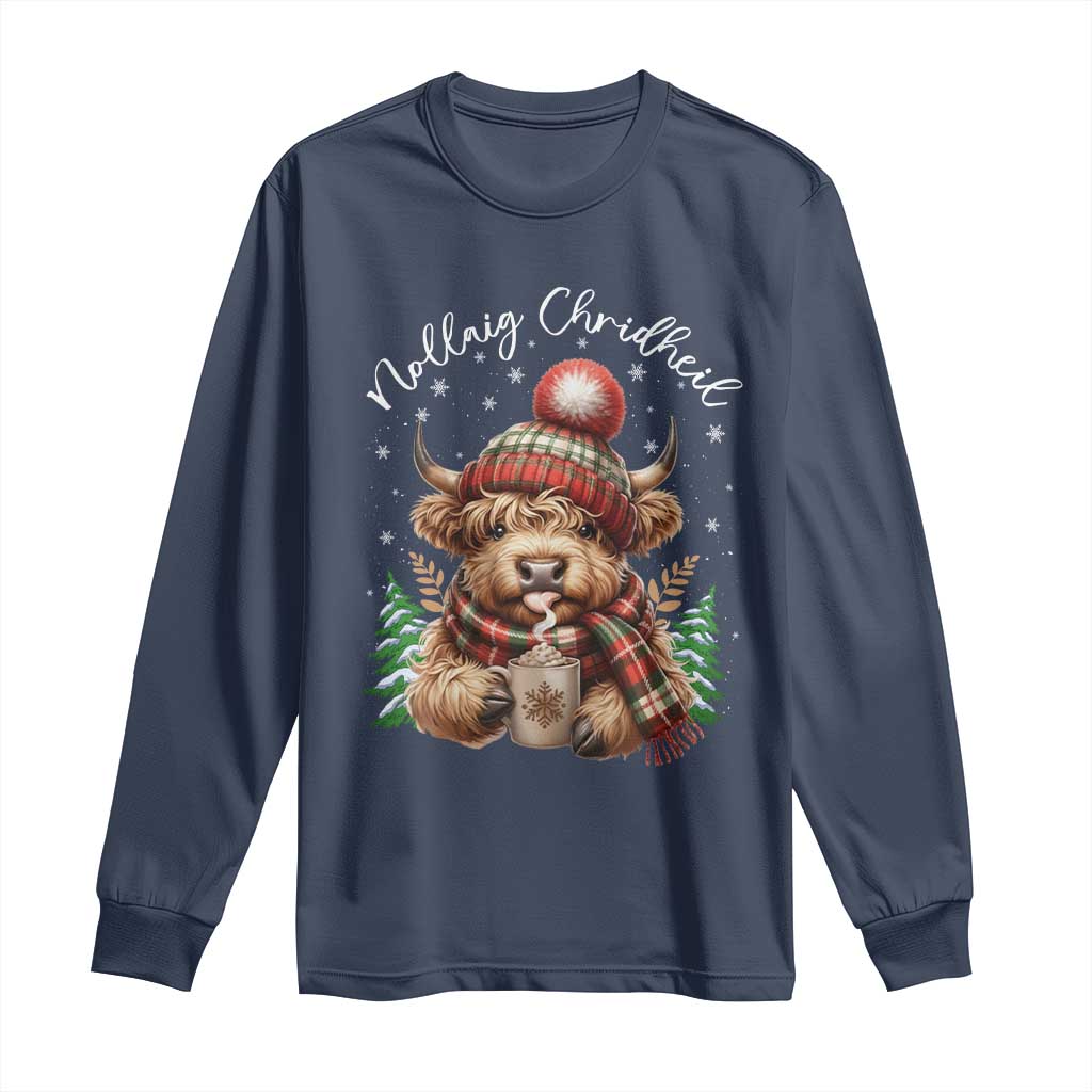 Scottish Christmas Long Sleeve Shirt Nollaig Chridheil Gaelic Xmas Higland Cow - Wonder Print Shop