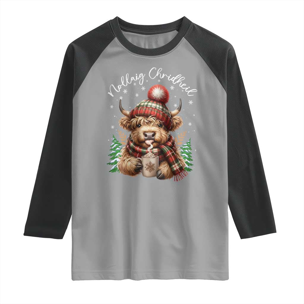 Scottish Christmas Raglan Shirt Nollaig Chridheil Gaelic Xmas Higland Cow - Wonder Print Shop