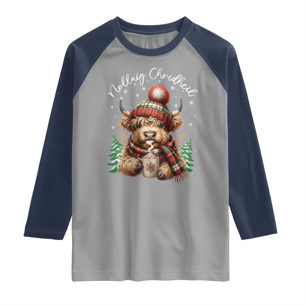 Scottish Christmas Raglan Shirt Nollaig Chridheil Gaelic Xmas Higland Cow - Wonder Print Shop