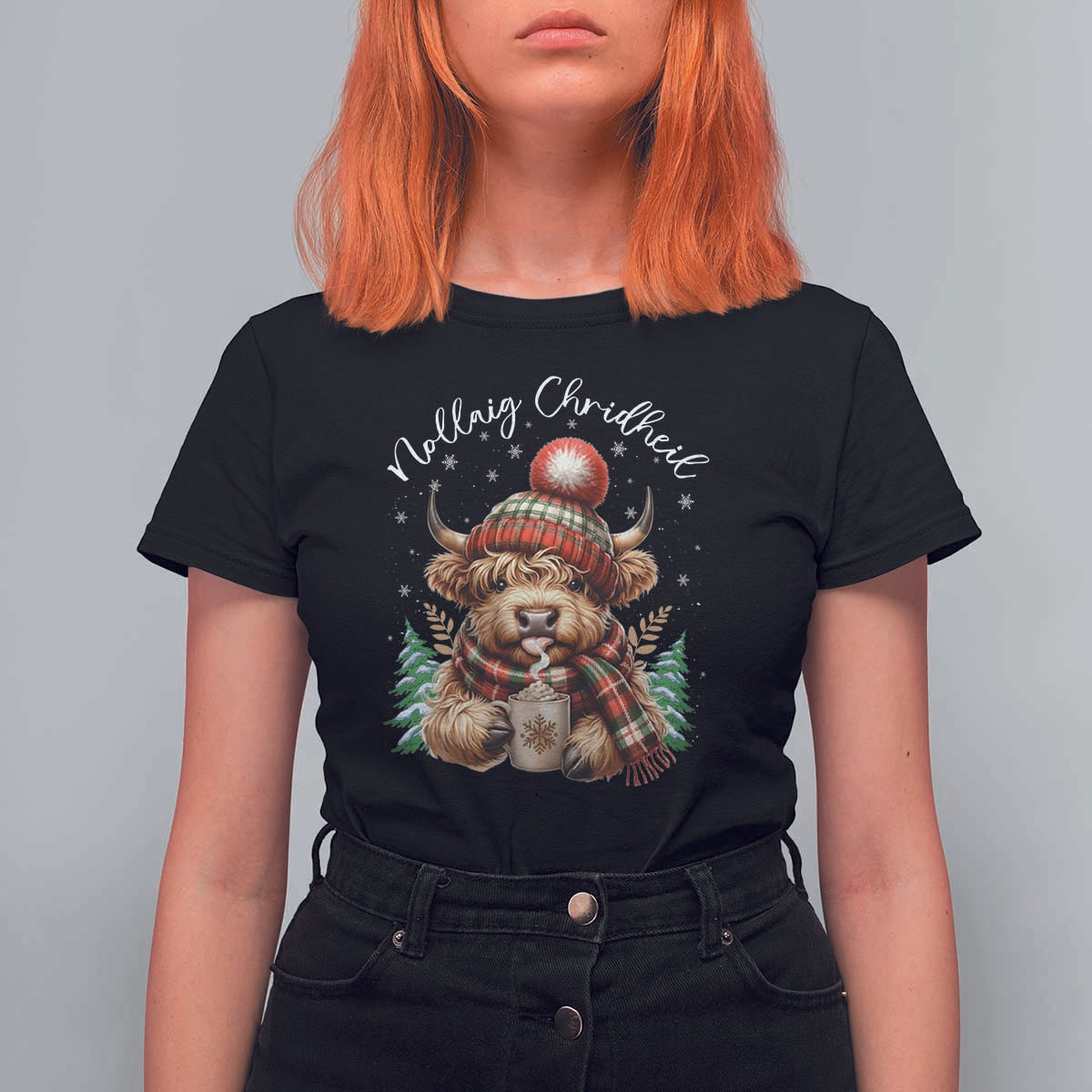 Scottish Christmas T Shirt For Women Nollaig Chridheil Gaelic Xmas Higland Cow - Wonder Print Shop