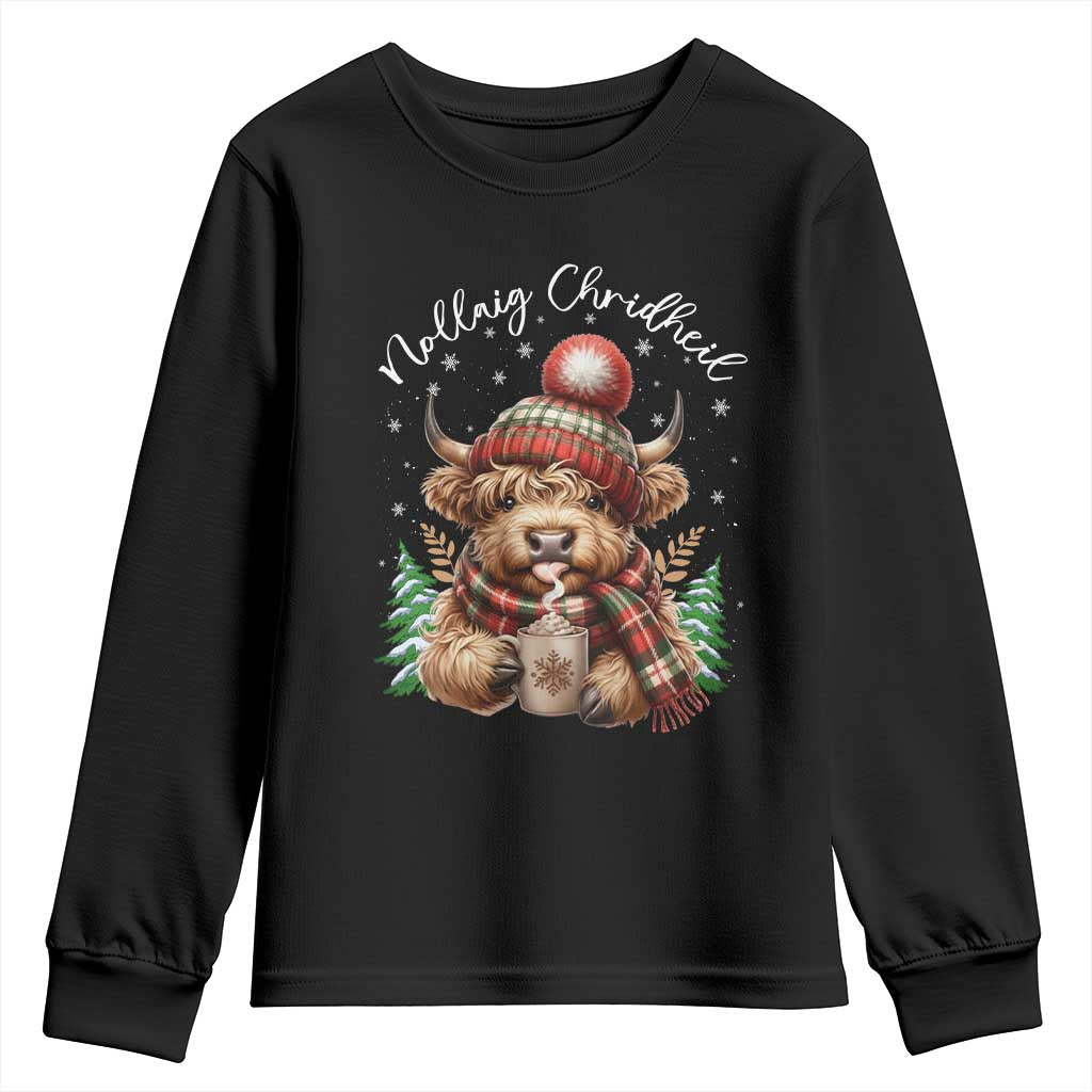 Scottish Christmas Youth Sweatshirt Nollaig Chridheil Gaelic Xmas Higland Cow - Wonder Print Shop