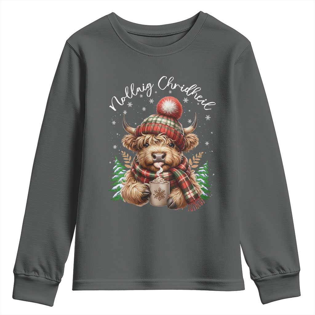Scottish Christmas Youth Sweatshirt Nollaig Chridheil Gaelic Xmas Higland Cow - Wonder Print Shop