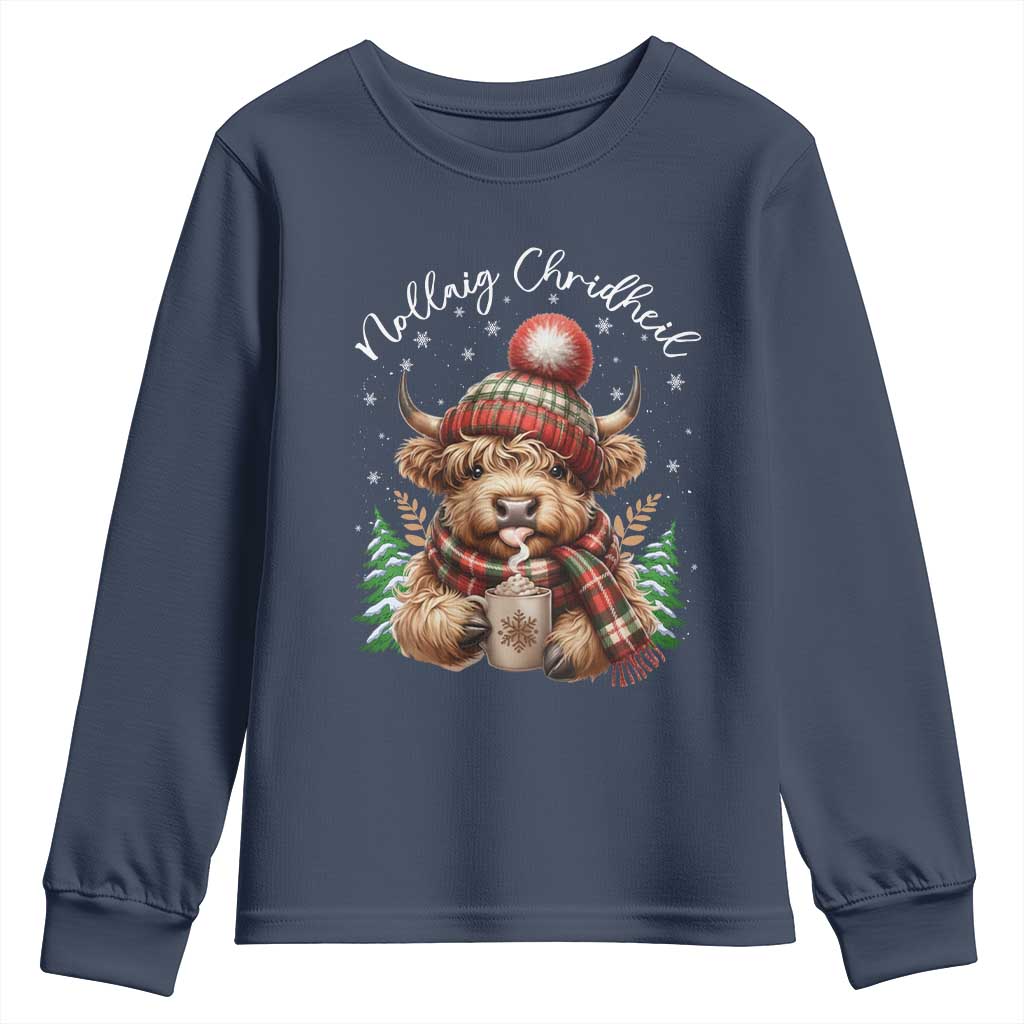 Scottish Christmas Youth Sweatshirt Nollaig Chridheil Gaelic Xmas Higland Cow - Wonder Print Shop