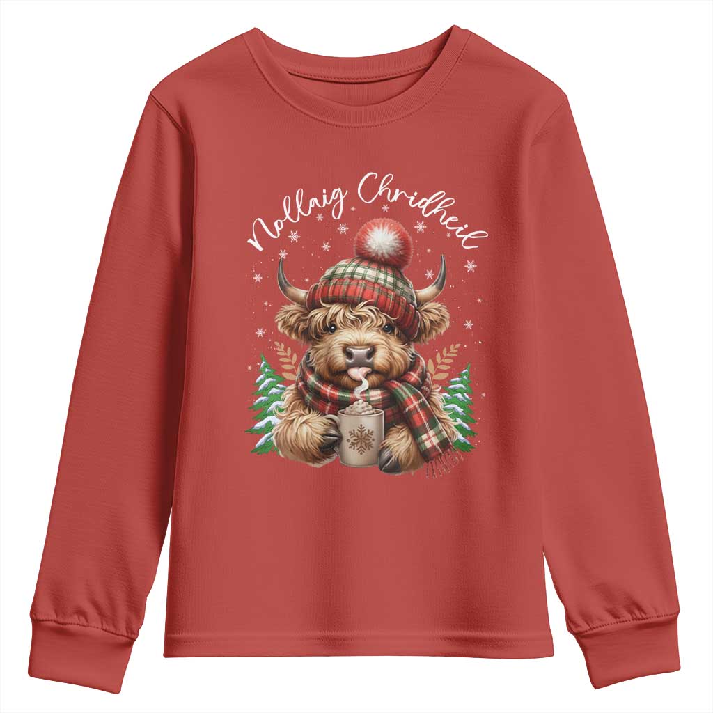 Scottish Christmas Youth Sweatshirt Nollaig Chridheil Gaelic Xmas Higland Cow - Wonder Print Shop