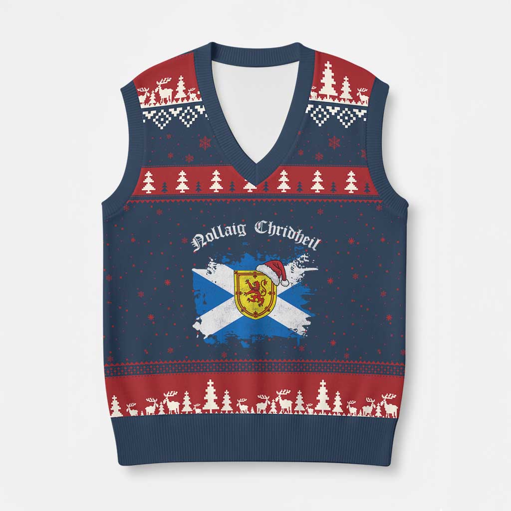 Scottish Xmas V-Neck Knit Sweater Vest Nollaig Chridheil Gaelic Xmas Scotland Lion Rampant - Wonder Print Shop