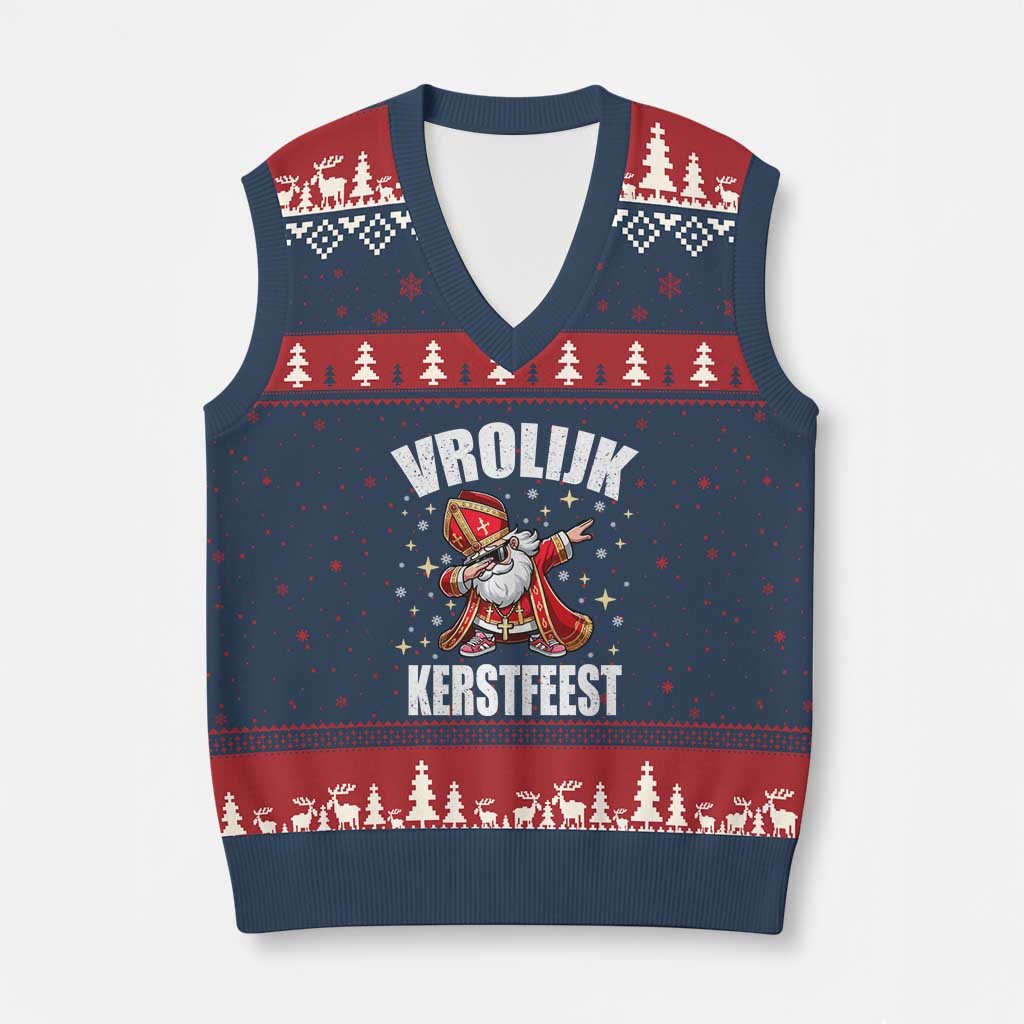 Dutch Xmas V-Neck Knit Sweater Vest Vrolijk Kerstfeest Dabiing Sinterklaas Santa - Wonder Print Shop