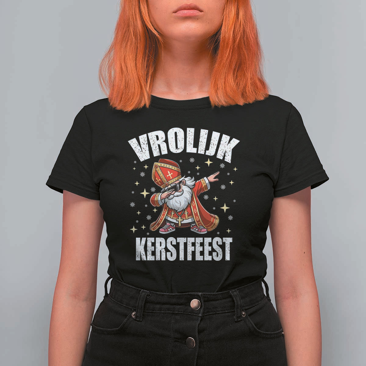 Dutch Christmas T Shirt For Women Vrolijk Kerstfeest Dabiing Sinterklaas Santa - Wonder Print Shop