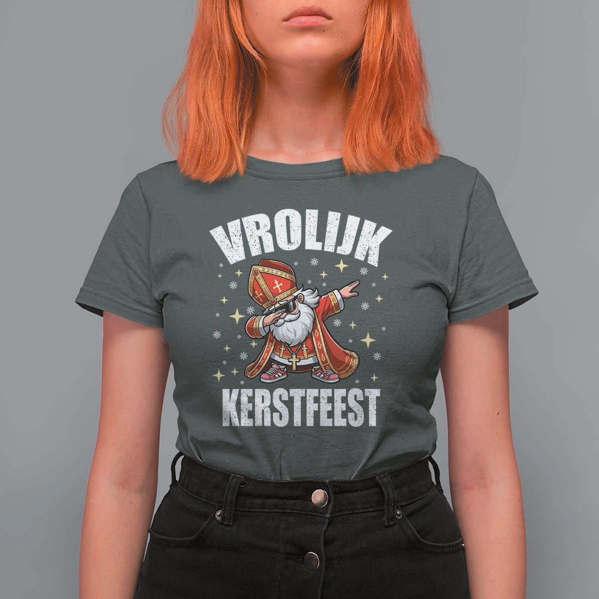 Dutch Christmas T Shirt For Women Vrolijk Kerstfeest Dabiing Sinterklaas Santa - Wonder Print Shop