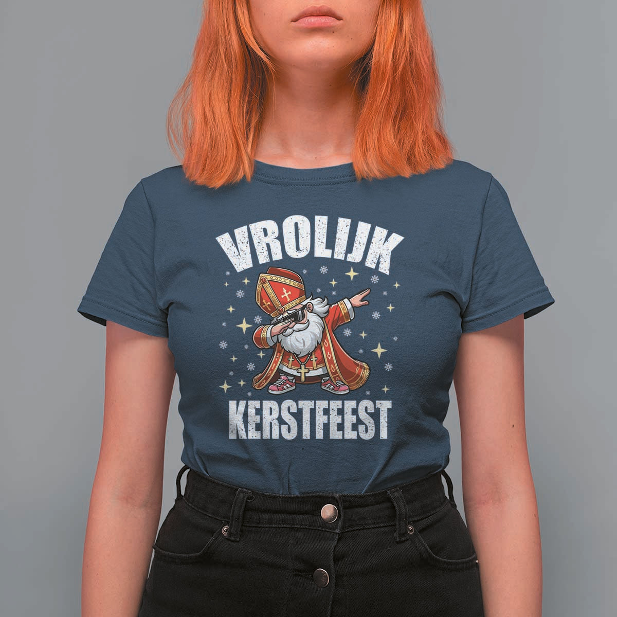 Dutch Christmas T Shirt For Women Vrolijk Kerstfeest Dabiing Sinterklaas Santa - Wonder Print Shop