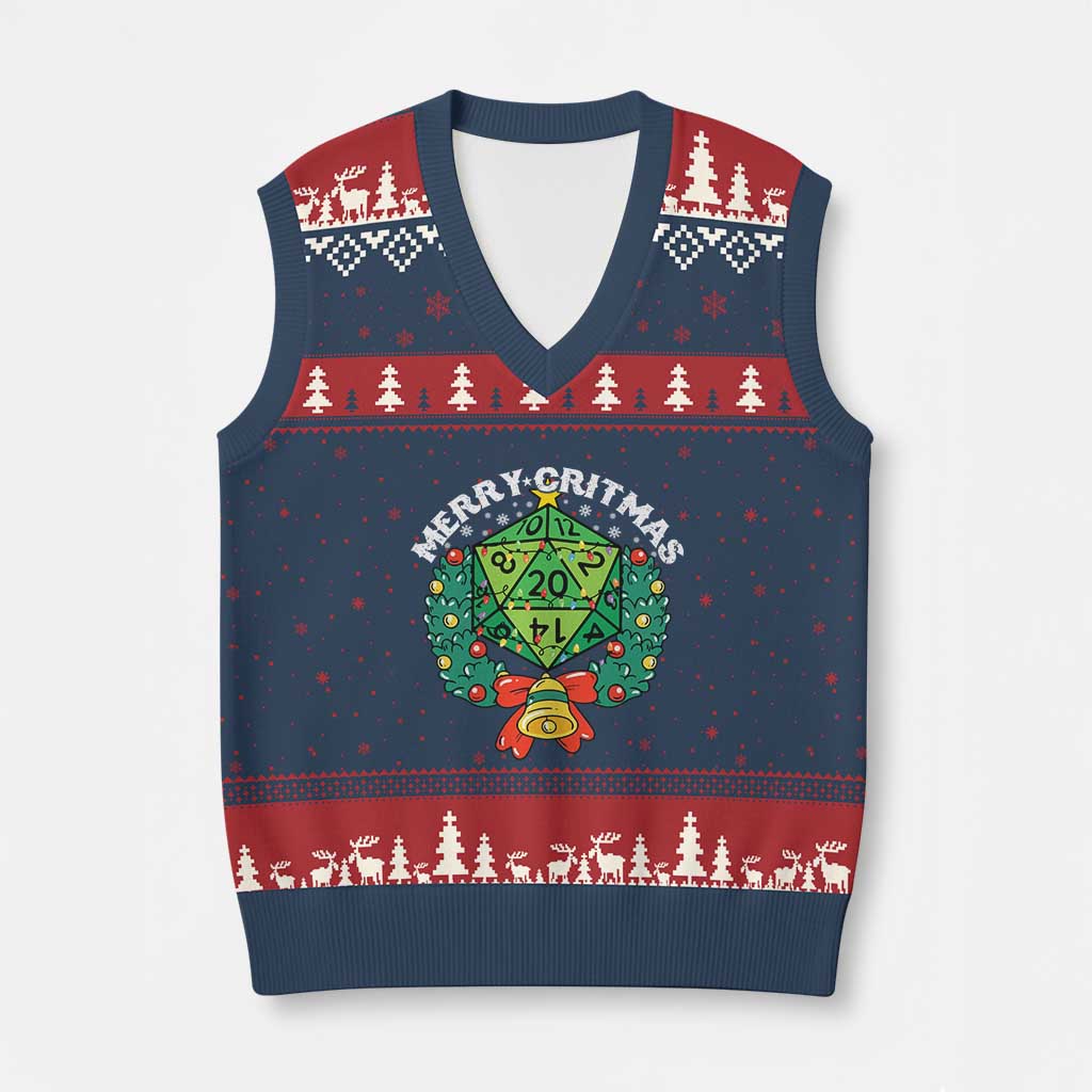 Funny Xmas RPG V-Neck Knit Sweater Vest Merry Critmas D20 RPG Gamer Dice Gaming Xmas - Wonder Print Shop
