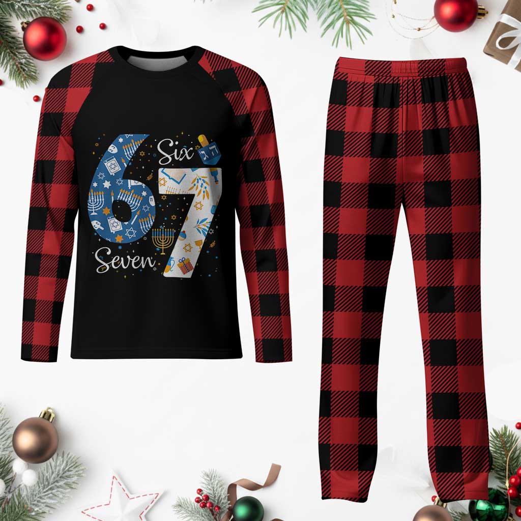 Funny 67 Hanukkah Plaid Pajama Set Chanukah Menorah Dreidel Six Seven Meme - Wonder Print Shop