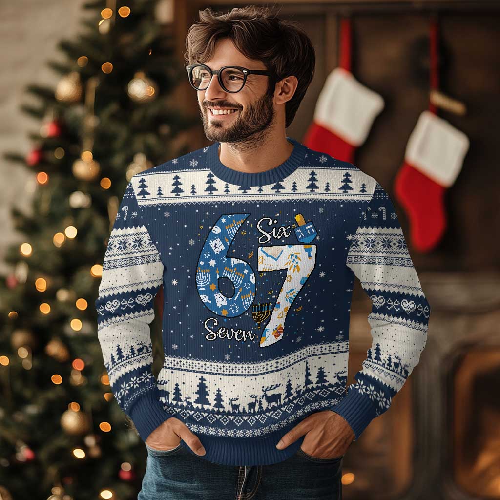 Funny 67 Hanukkah Ugly Christmas Sweater Chanukah Menorah Dreidel Six Seven Meme - undefined