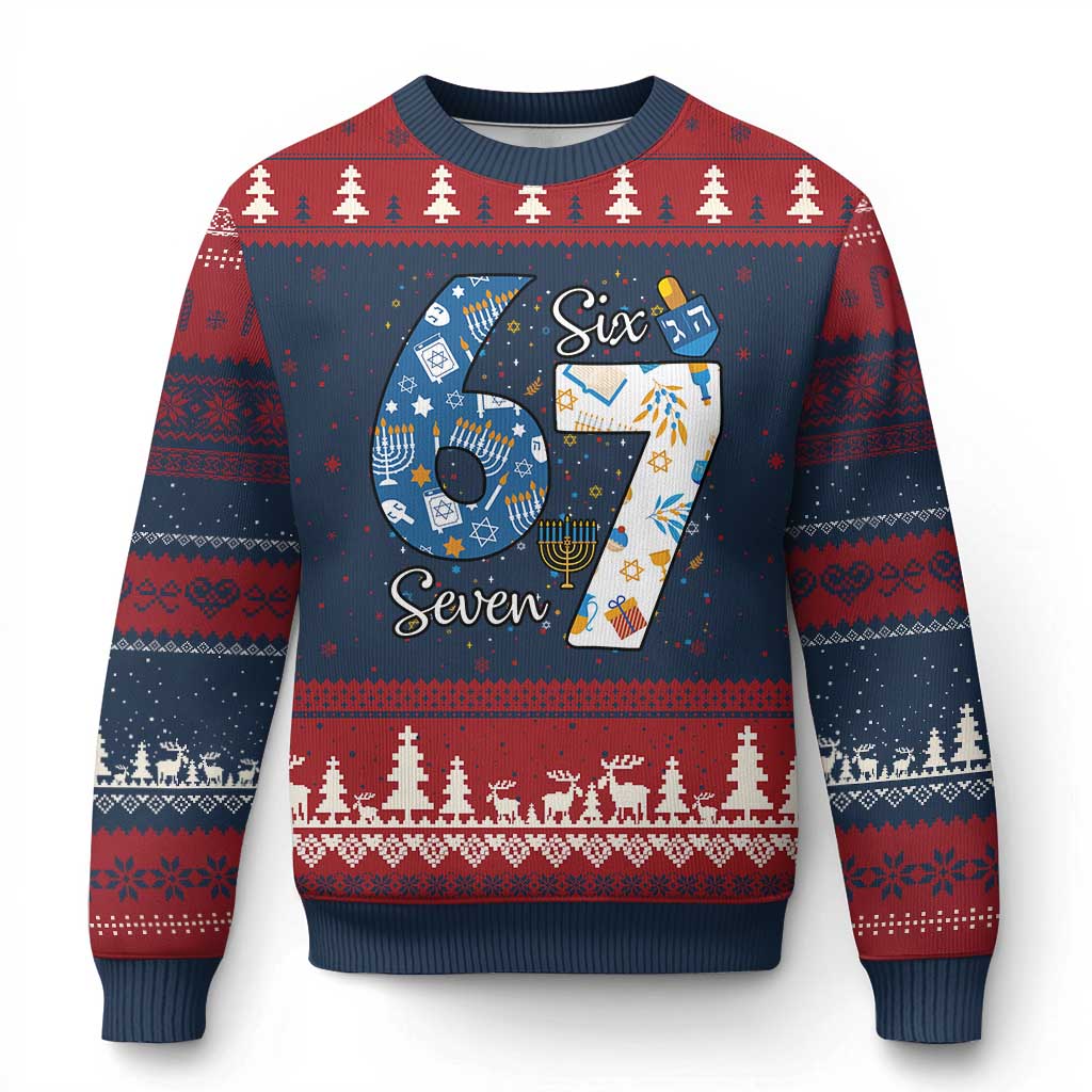 Funny 67 Hanukkah Ugly Christmas Sweater Chanukah Menorah Dreidel Six Seven Meme - undefined