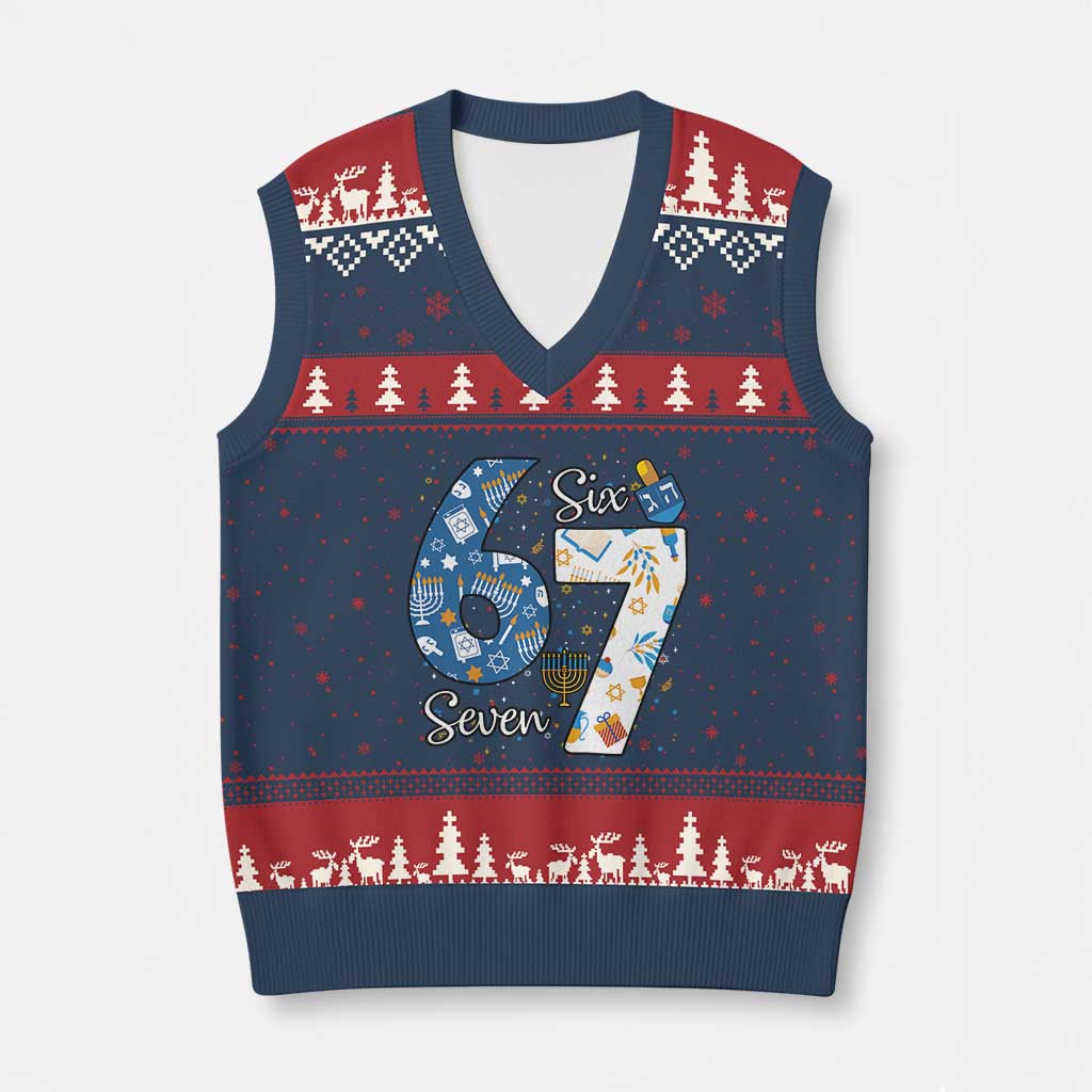 Funny 67 Hanukkah V-Neck Knit Sweater Vest Chanukah Menorah Dreidel Six Seven Meme - Wonder Print Shop