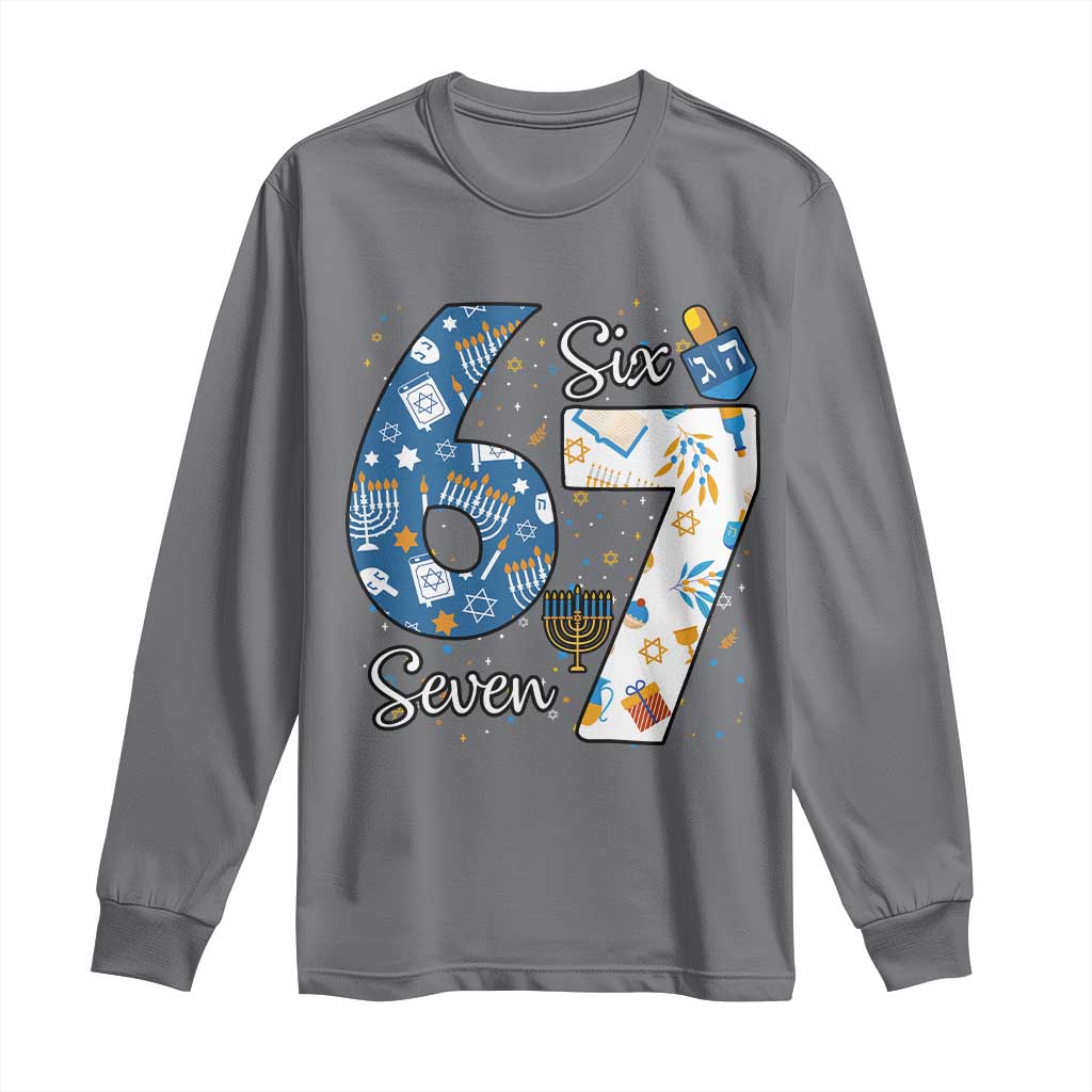 Funny 67 Hanukkah Long Sleeve Shirt Chanukah Menorah Dreidel Six Seven Meme - Wonder Print Shop