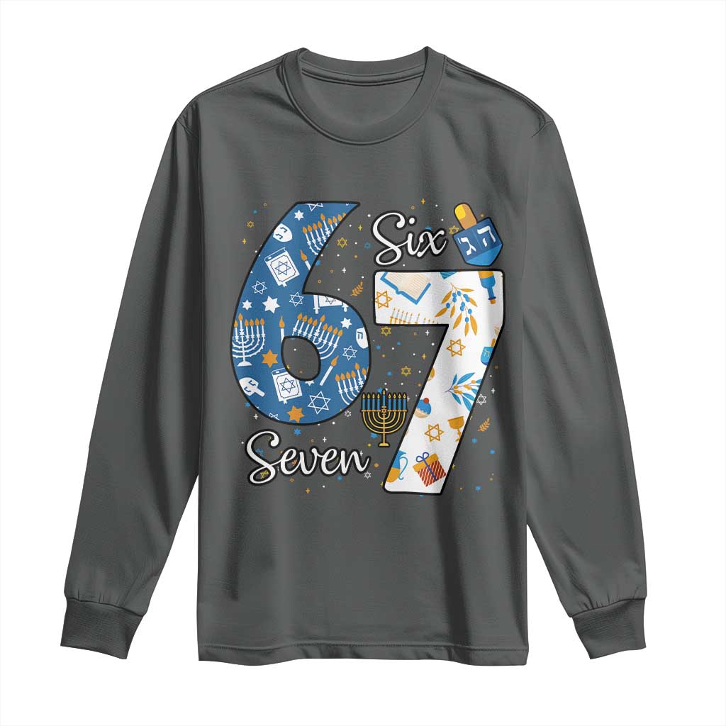 Funny 67 Hanukkah Long Sleeve Shirt Chanukah Menorah Dreidel Six Seven Meme - Wonder Print Shop