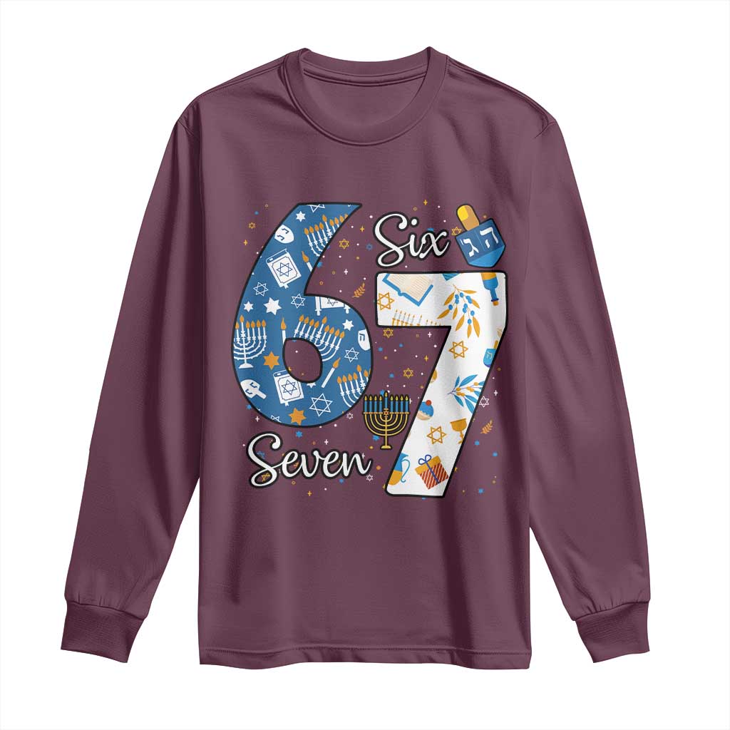 Funny 67 Hanukkah Long Sleeve Shirt Chanukah Menorah Dreidel Six Seven Meme - Wonder Print Shop