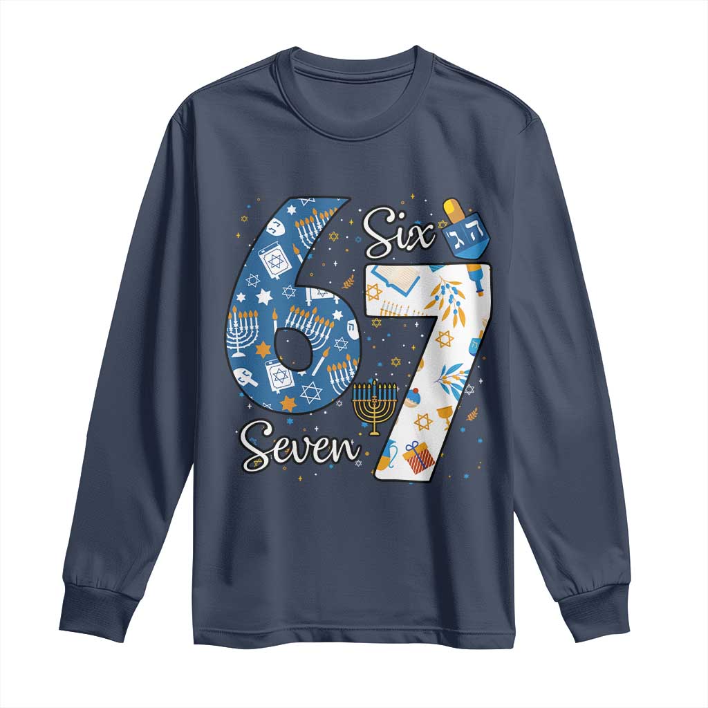 Funny 67 Hanukkah Long Sleeve Shirt Chanukah Menorah Dreidel Six Seven Meme - Wonder Print Shop