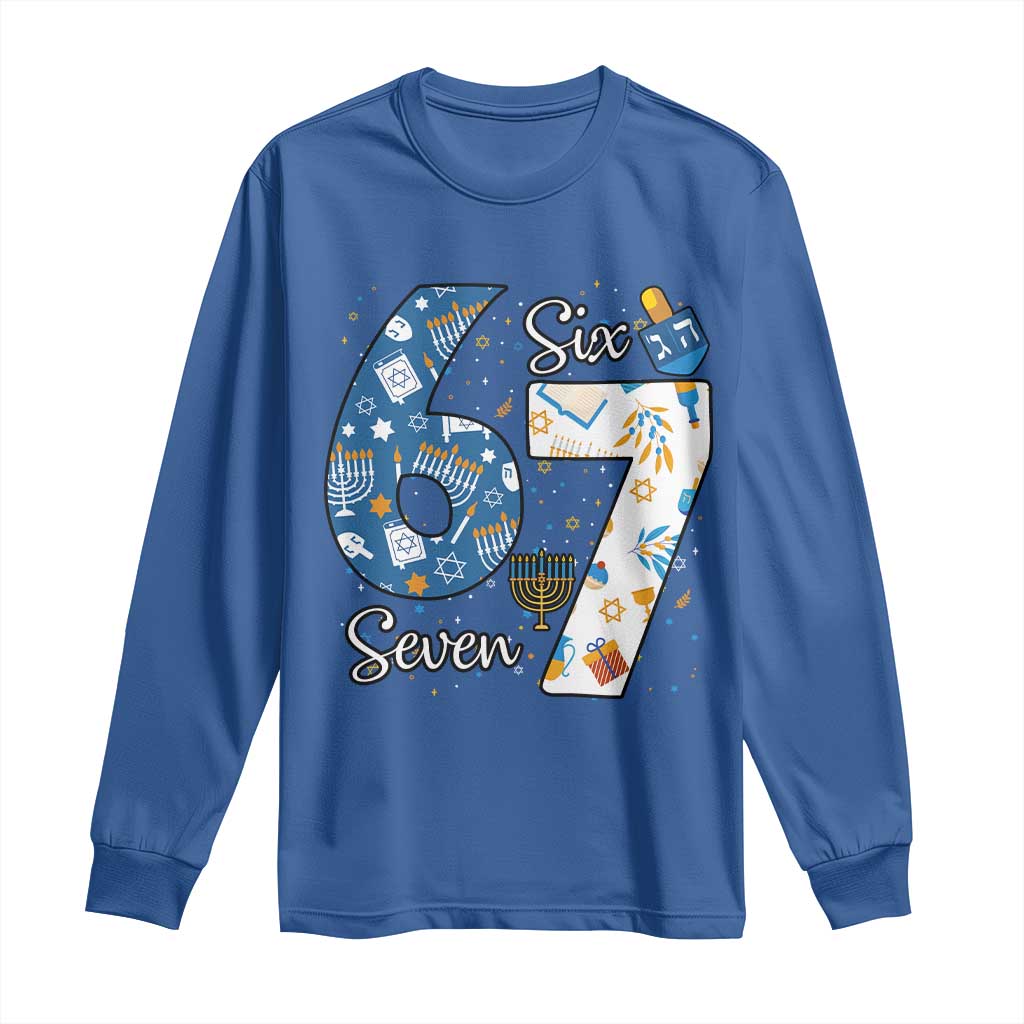 Funny 67 Hanukkah Long Sleeve Shirt Chanukah Menorah Dreidel Six Seven Meme - Wonder Print Shop