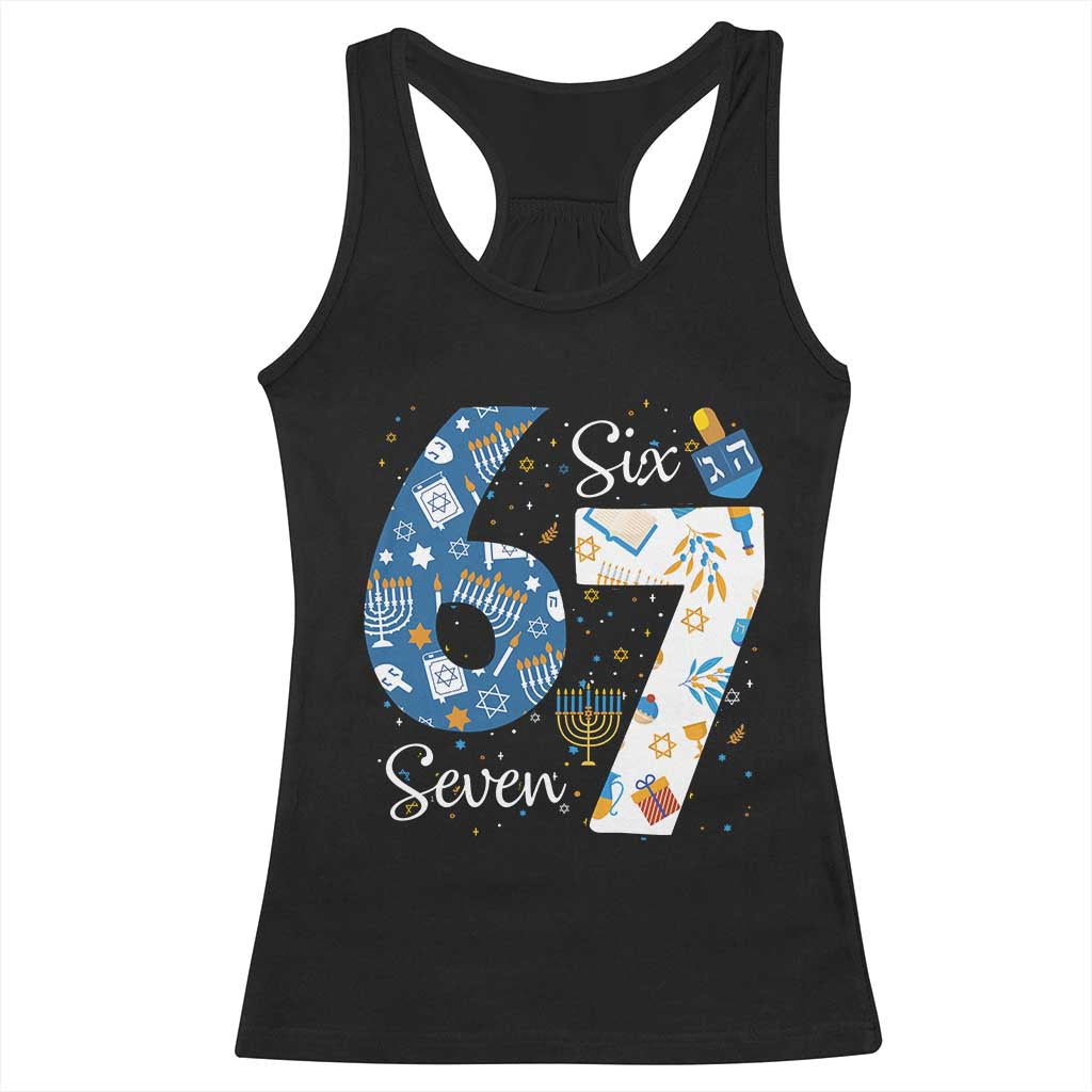 Funny 67 Hanukkah Racerback Tank Top Chanukah Menorah Dreidel Six Seven Meme - Wonder Print Shop