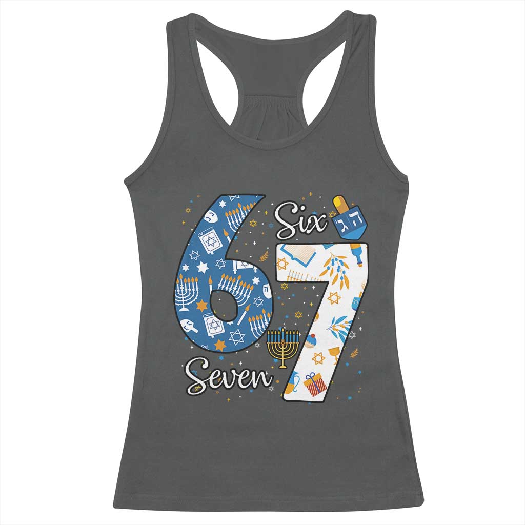 Funny 67 Hanukkah Racerback Tank Top Chanukah Menorah Dreidel Six Seven Meme - Wonder Print Shop