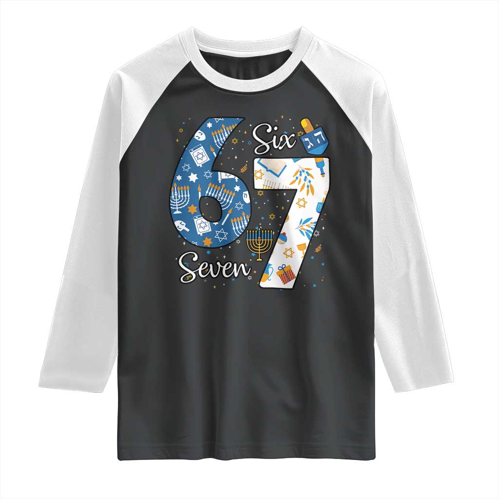 Funny 67 Hanukkah Raglan Shirt Chanukah Menorah Dreidel Six Seven Meme - Wonder Print Shop