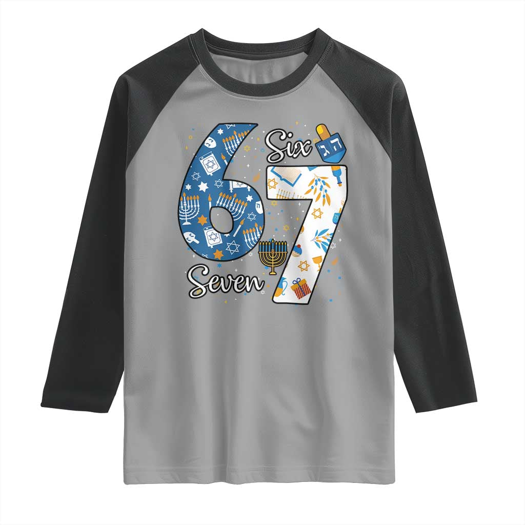 Funny 67 Hanukkah Raglan Shirt Chanukah Menorah Dreidel Six Seven Meme - Wonder Print Shop