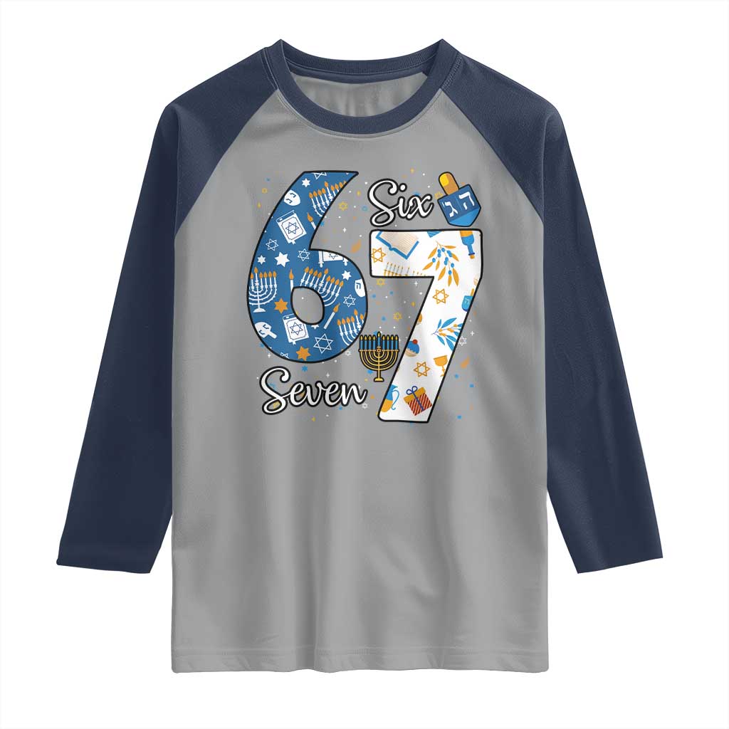 Funny 67 Hanukkah Raglan Shirt Chanukah Menorah Dreidel Six Seven Meme - Wonder Print Shop