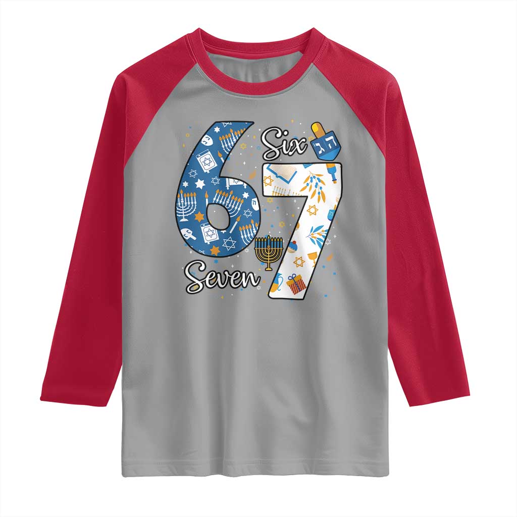 Funny 67 Hanukkah Raglan Shirt Chanukah Menorah Dreidel Six Seven Meme - Wonder Print Shop