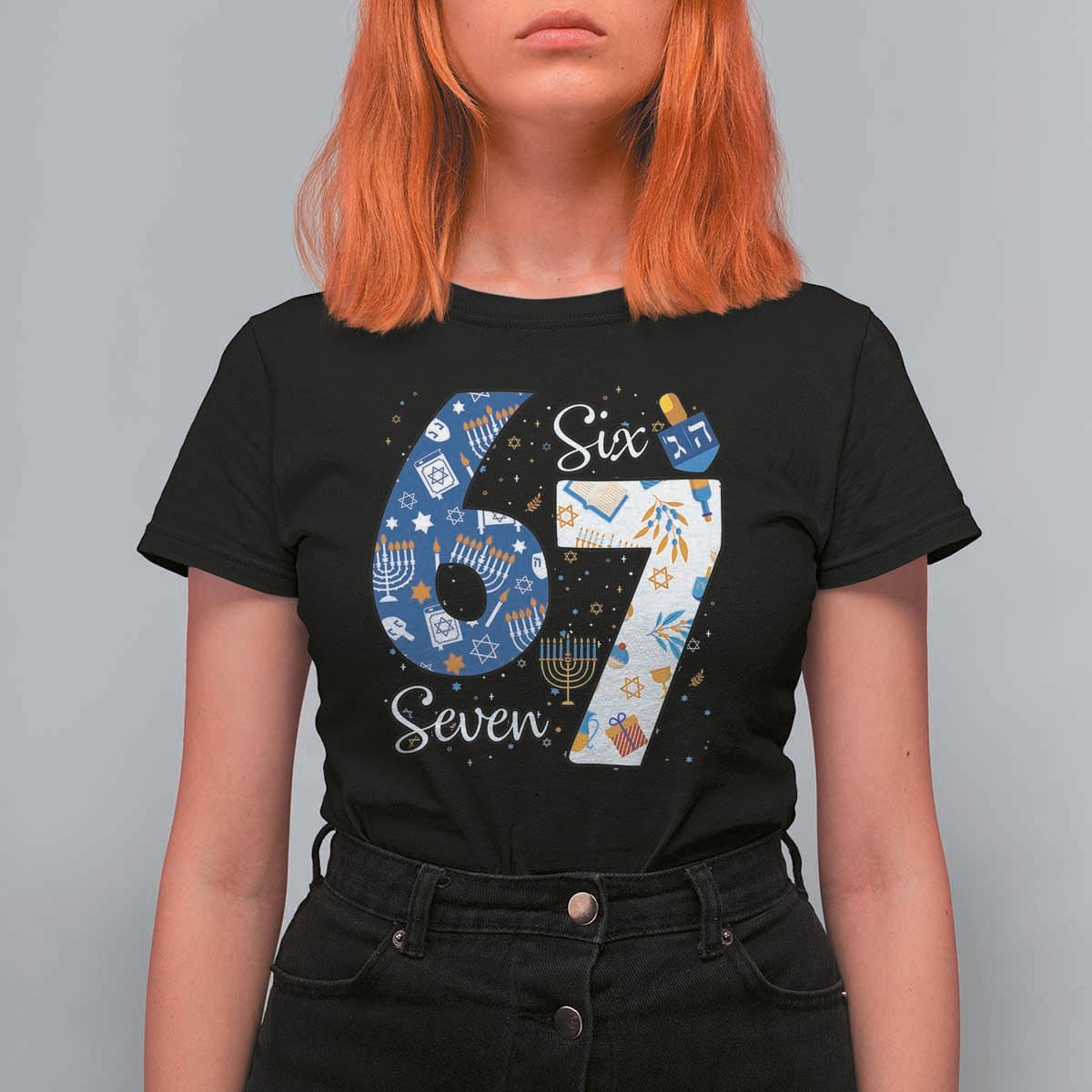 Funny 67 Hanukkah T Shirt For Women Chanukah Menorah Dreidel Six Seven Meme - Wonder Print Shop