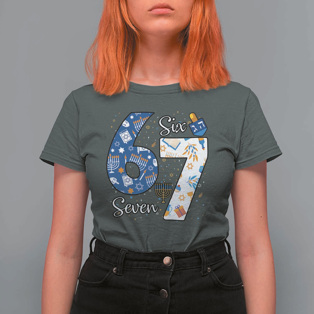 Funny 67 Hanukkah T Shirt For Women Chanukah Menorah Dreidel Six Seven Meme - Wonder Print Shop