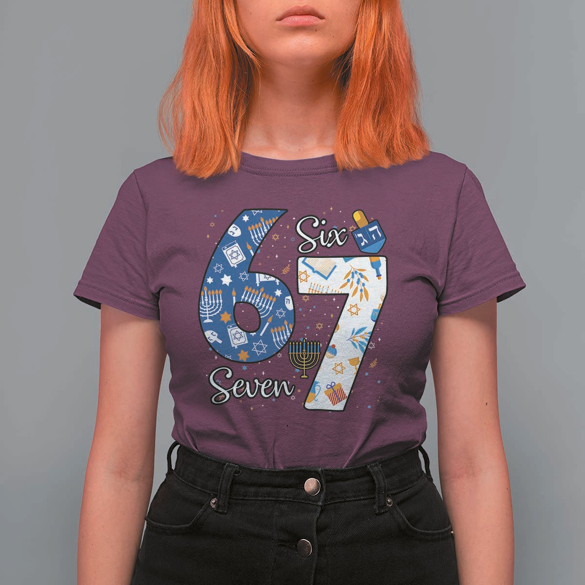 Funny 67 Hanukkah T Shirt For Women Chanukah Menorah Dreidel Six Seven Meme - Wonder Print Shop
